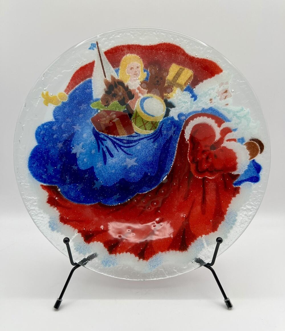 Peggy Karr Fused Glass Holiday Bowl 11” Santa Claus Father Christmas Signed 2002